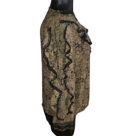 Tan Floral Ruffle Boho Chic Blouse with Black Lace Trim - Picture 3 of 5